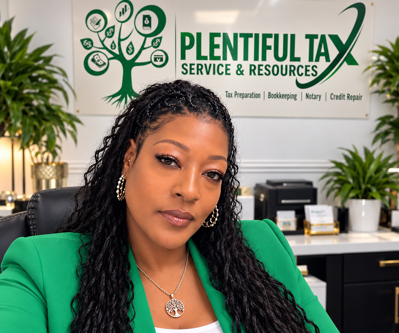 Cherlunda, owner of Plentiful Tax Service & Resources, wearing a green blazer and necklace in her office